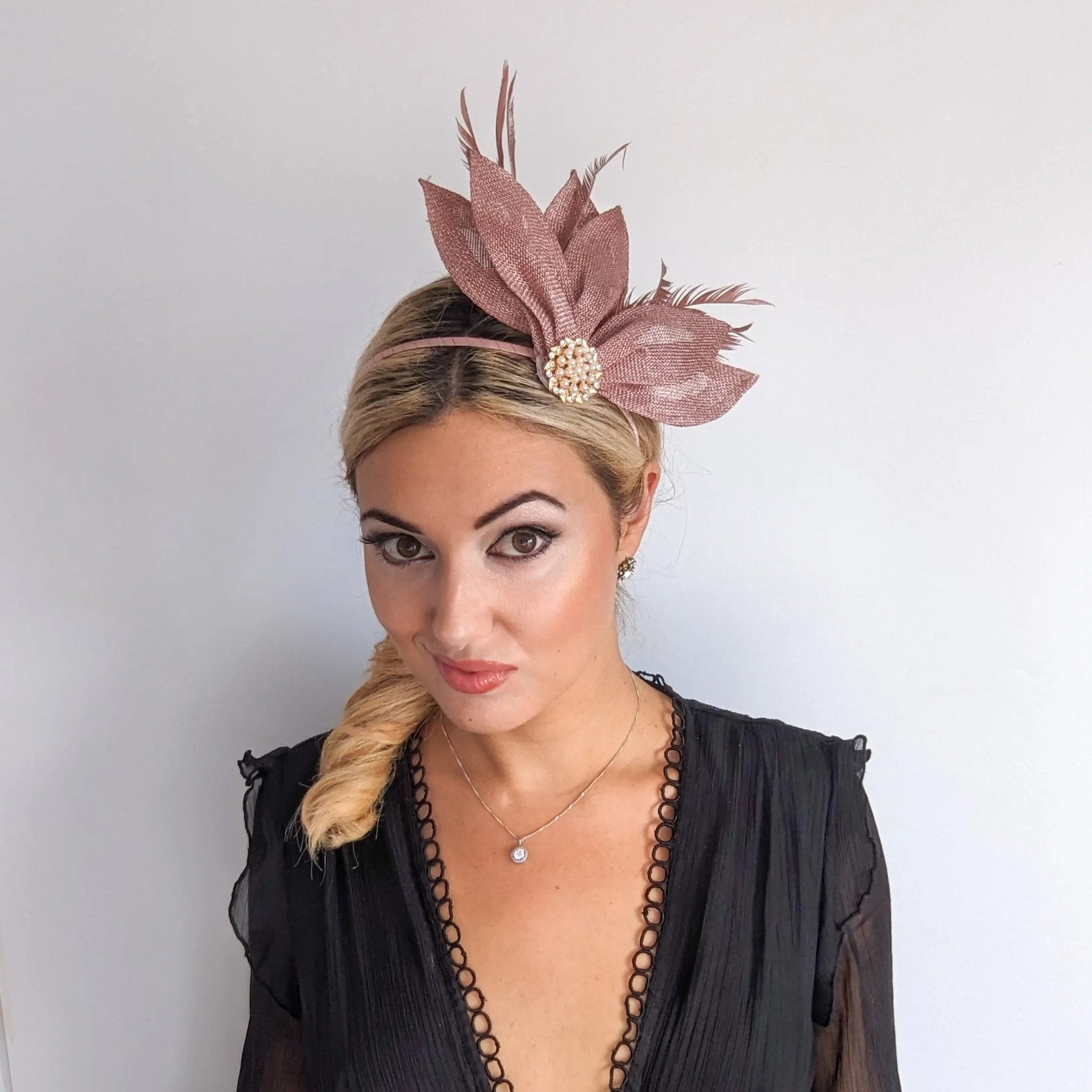 Rose gold shimmer feather petal fan fascinator hat - House of Hats
