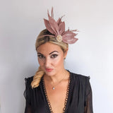 Rose gold shimmer feather petal fan fascinator hat - House of Hats