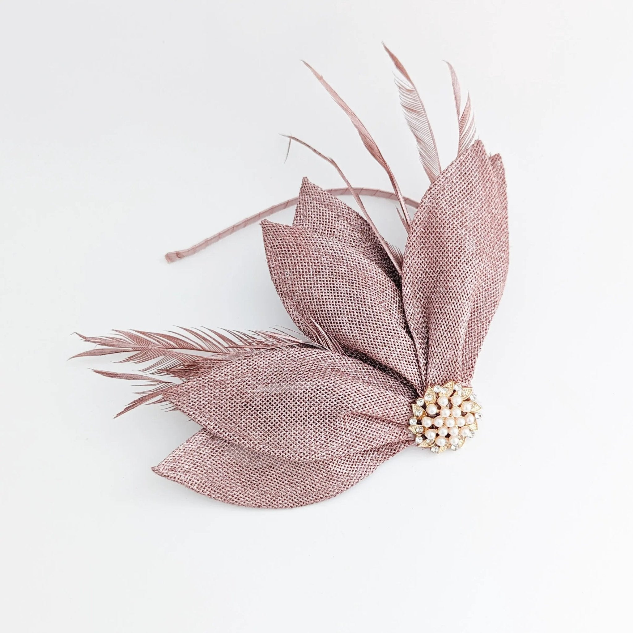 Rose gold shimmer feather petal fan fascinator hat - House of Hats