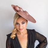 Rose gold shimmer flower large saucer disc fascinator hat - House of Hats