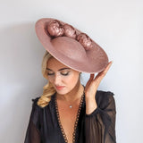 Rose gold shimmer flower large saucer disc fascinator hat - House of Hats