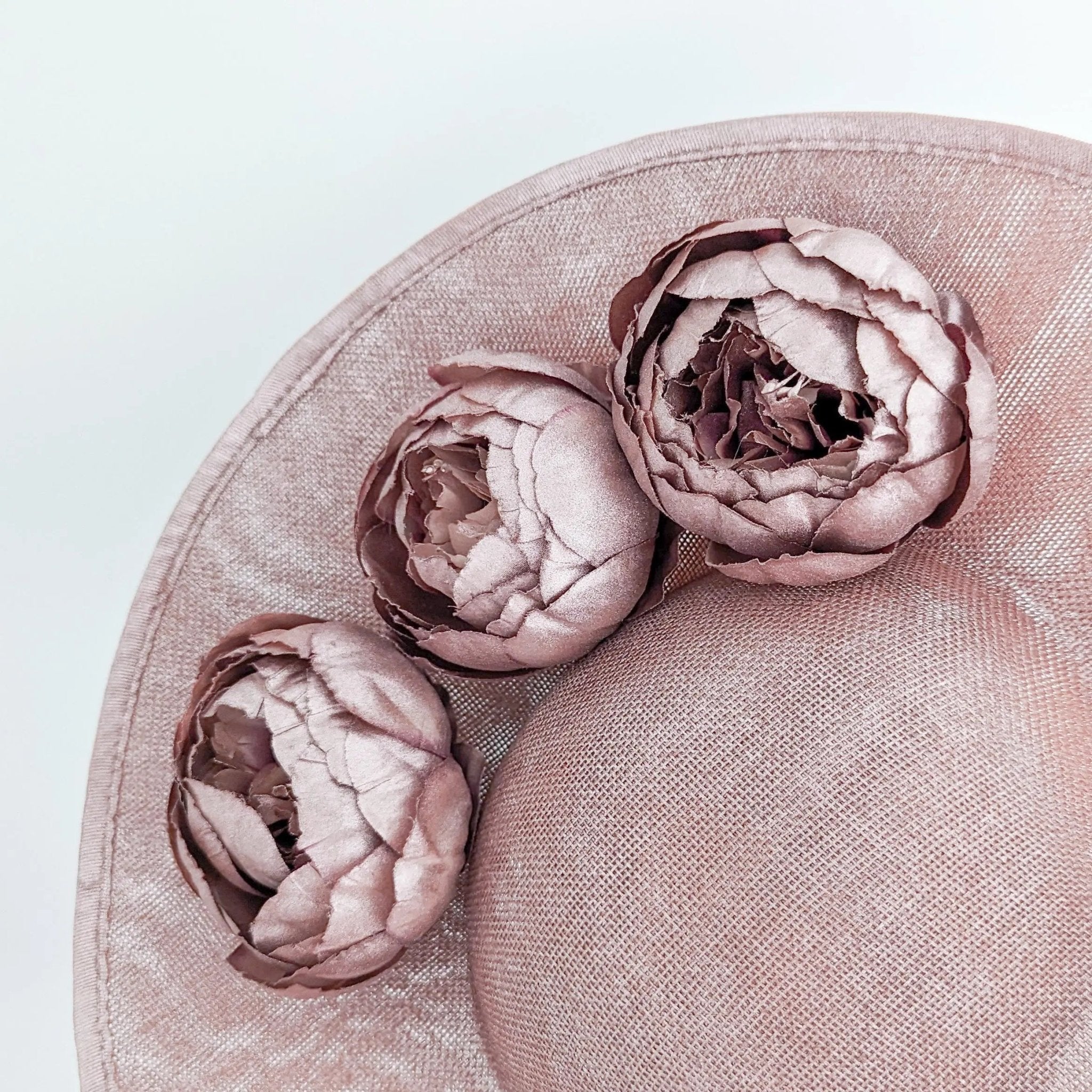 Rose gold shimmer flower large saucer disc fascinator hat - House of Hats