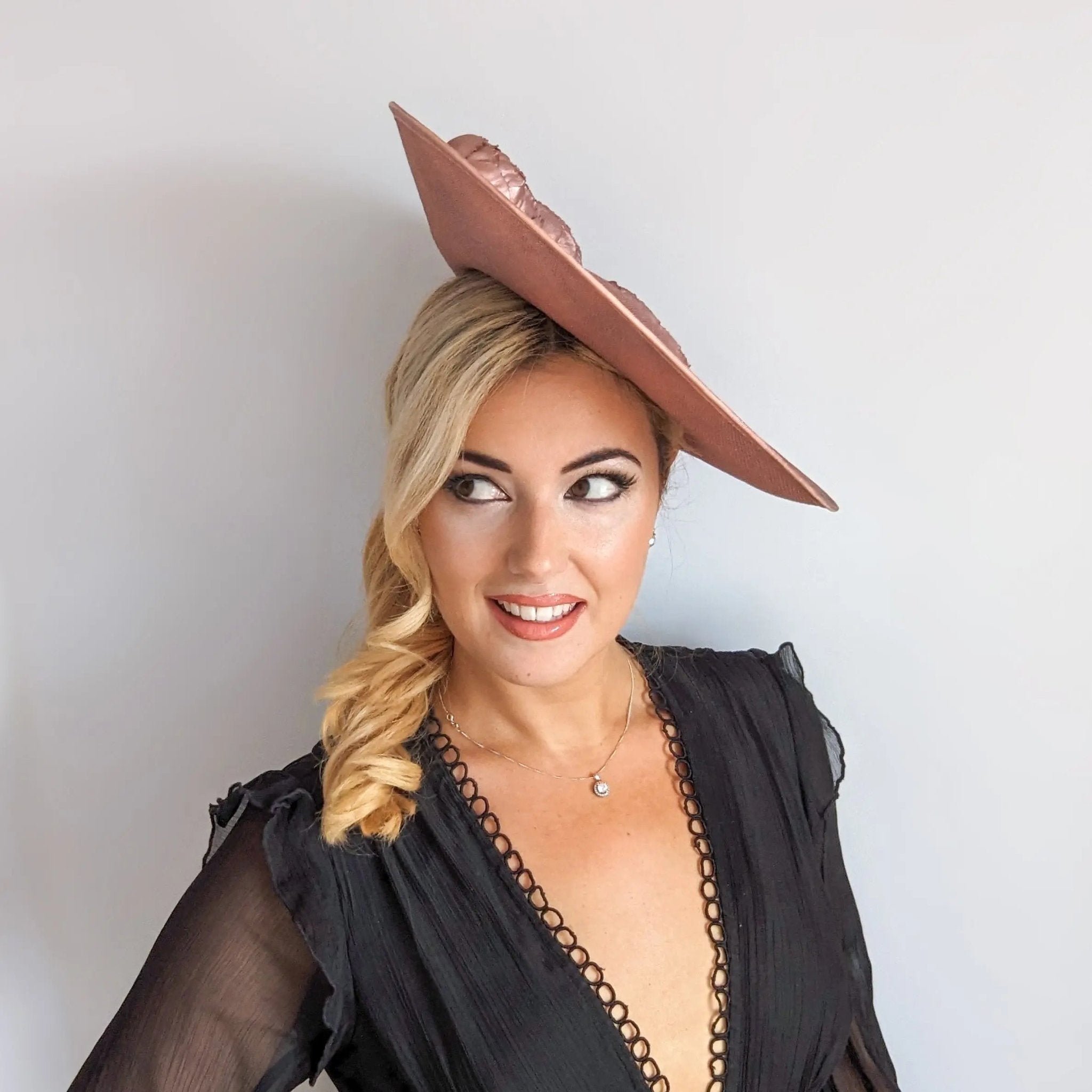 Rose gold shimmer flower large saucer disc fascinator hat - House of Hats