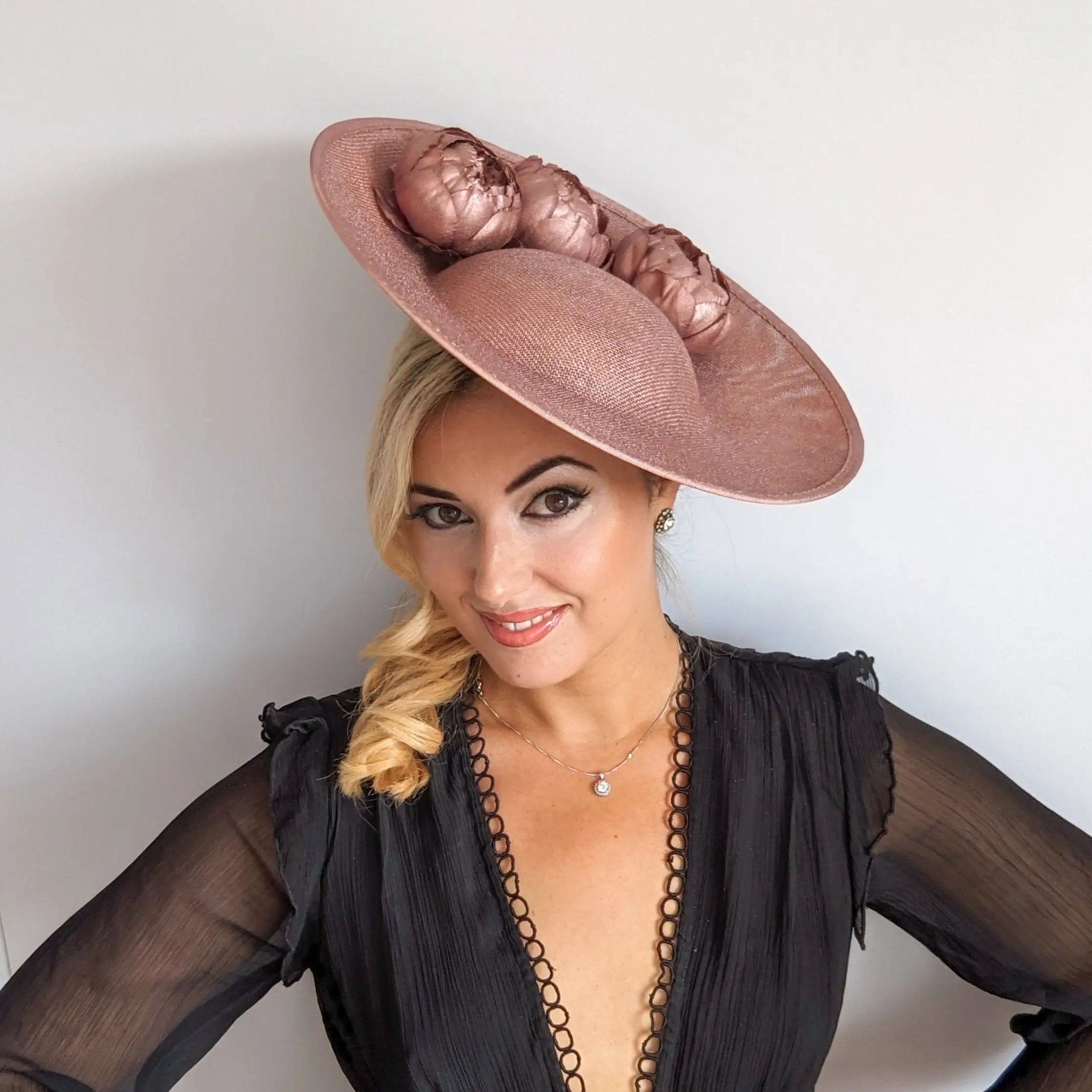 Rose gold shimmer flower large saucer disc fascinator hat - House of Hats