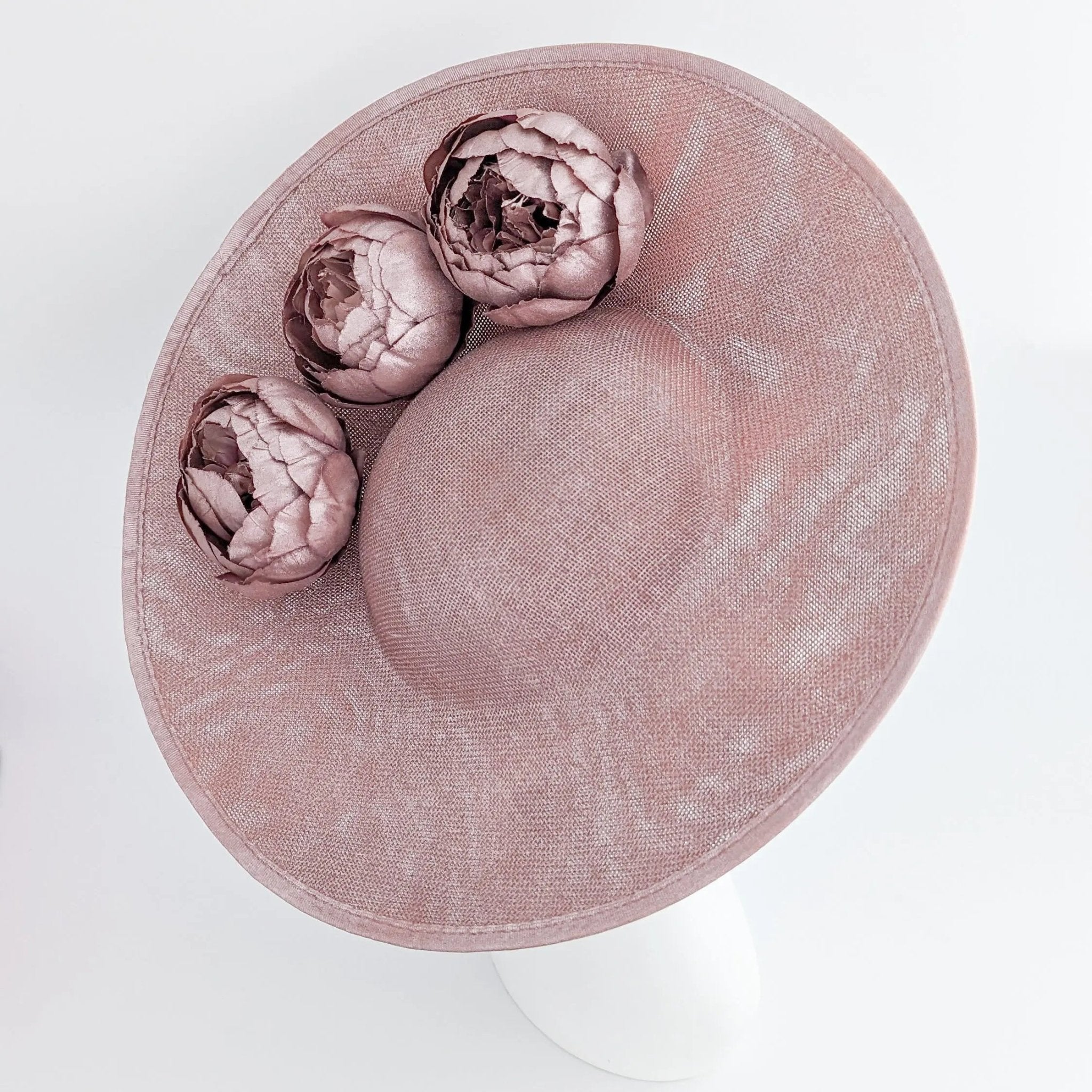 Rose gold shimmer flower large saucer disc fascinator hat - House of Hats