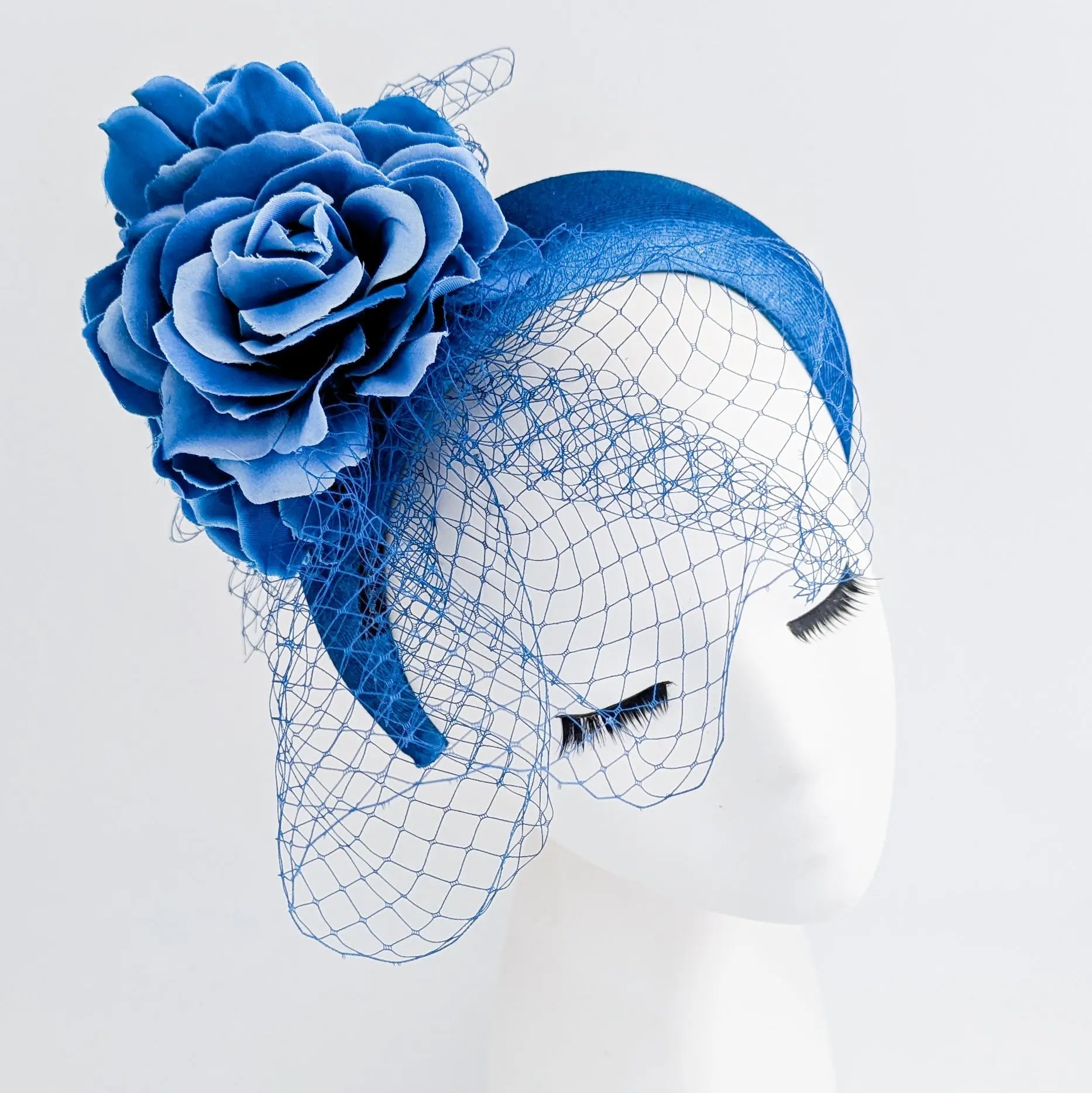Royal blue flower padded velvet headband fascinator - House of Hats