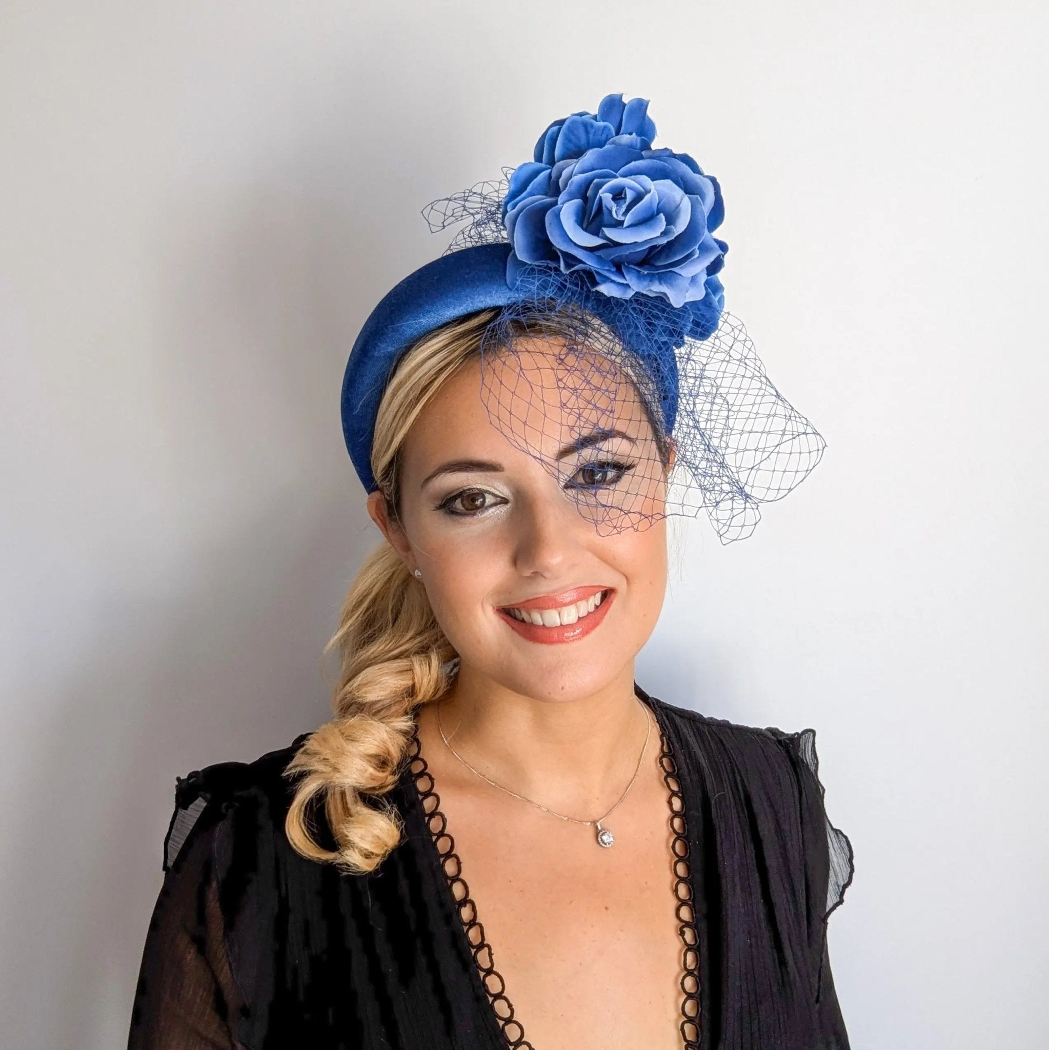 Royal blue flower padded velvet headband fascinator - House of Hats
