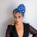 Royal blue flower padded velvet headband fascinator - House of Hats