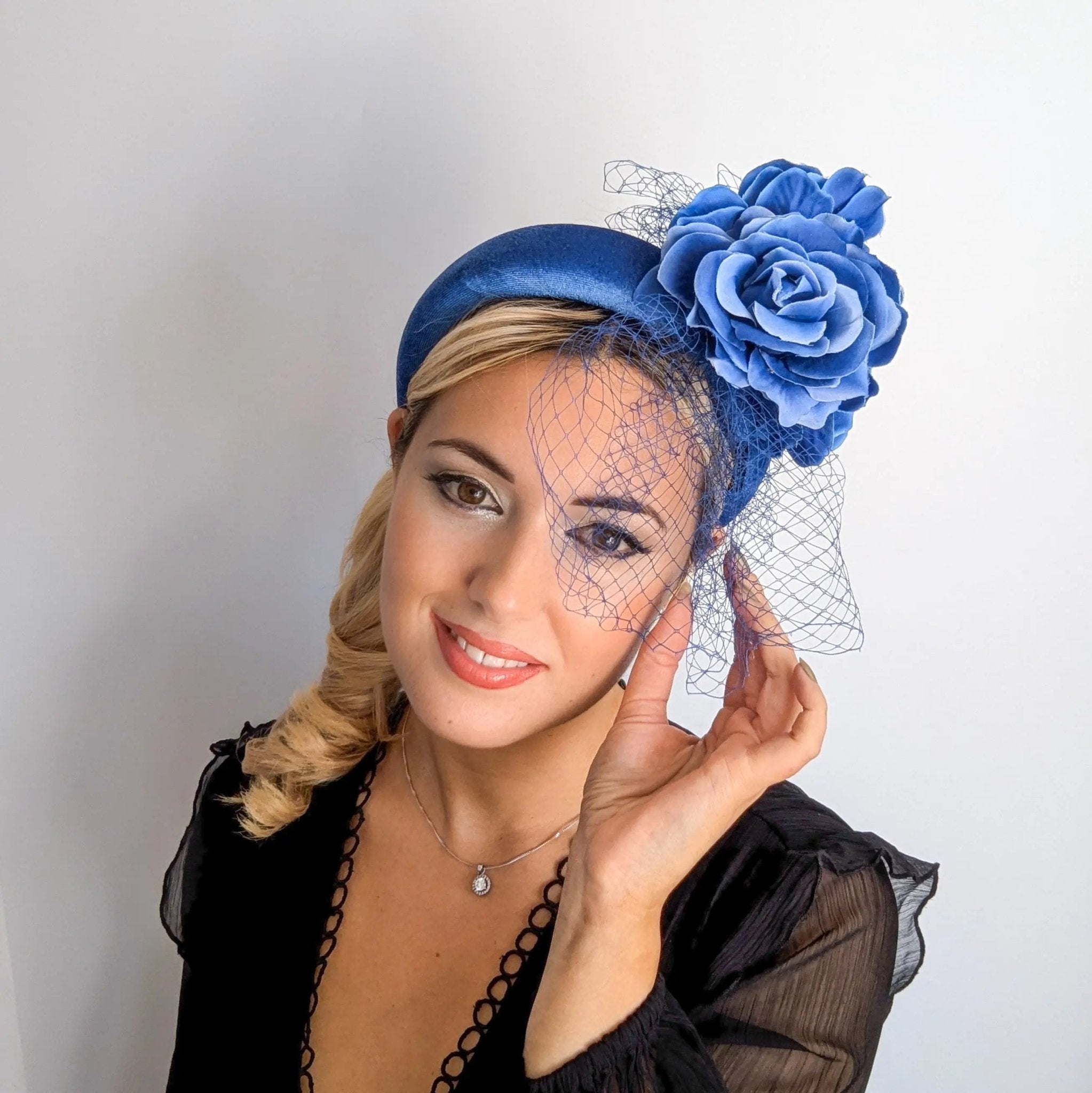 Royal blue flower padded velvet headband fascinator - House of Hats