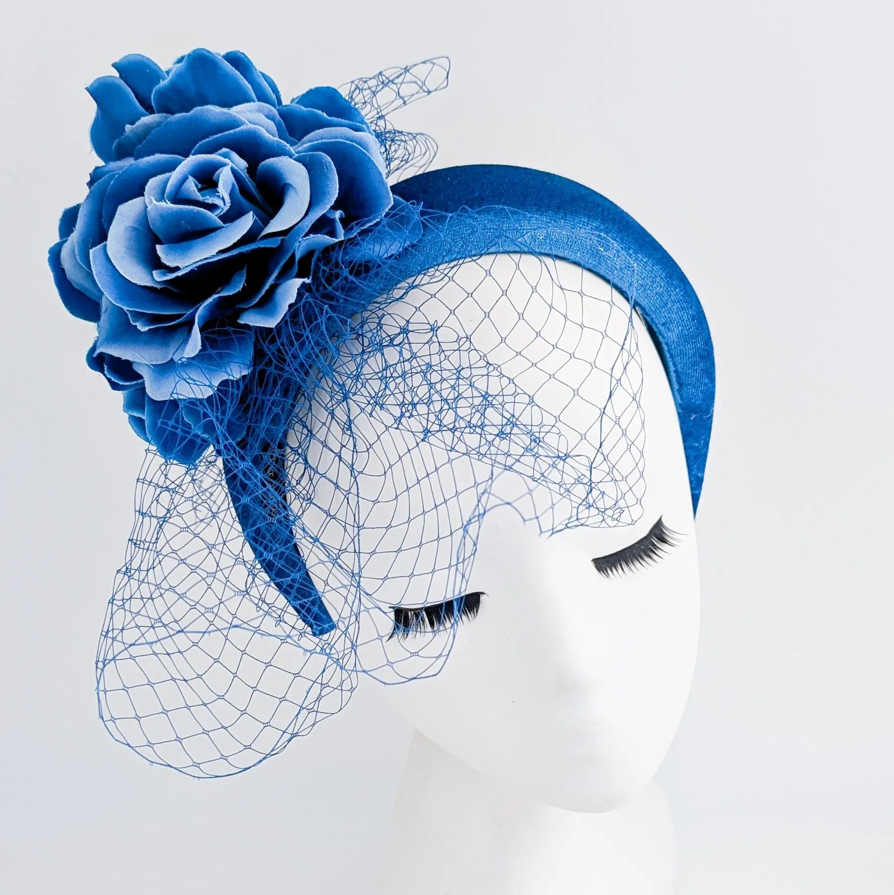 Royal blue flower padded velvet headband fascinator - House of Hats
