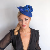 Royal cobalt blue flower disc saucer fascinator hat - House of Hats