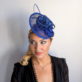 Royal cobalt blue flower disc saucer fascinator hat - House of Hats