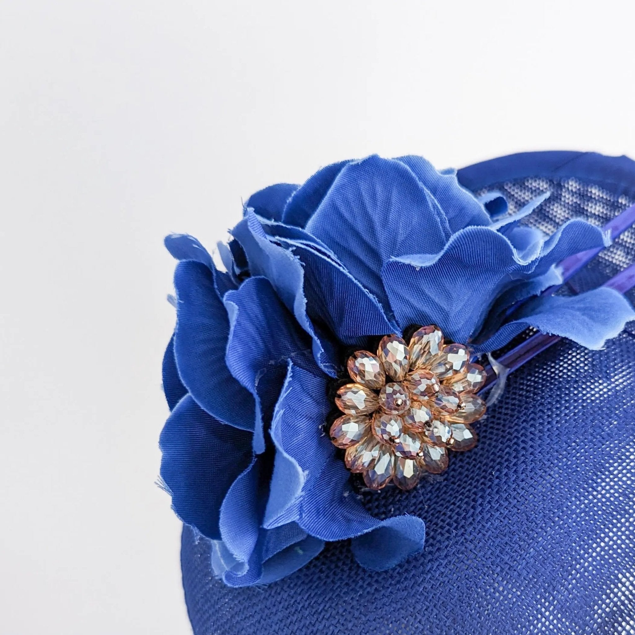 Royal cobalt blue flower disc saucer fascinator hat - House of Hats