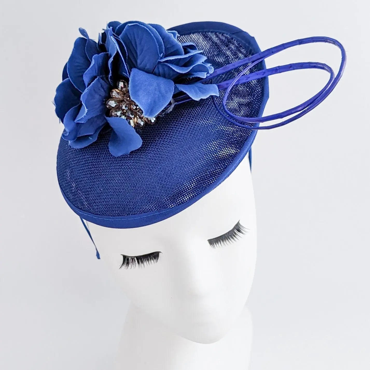 Royal cobalt blue flower disc saucer fascinator hat - House of Hats