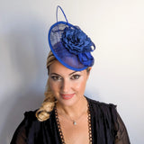 Royal cobalt blue flower disc saucer fascinator hat - House of Hats
