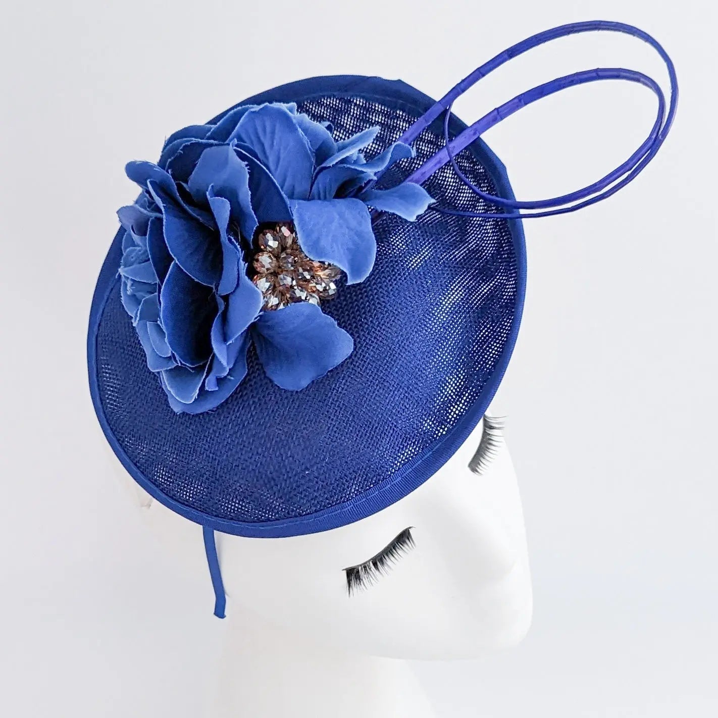 Royal cobalt blue flower disc saucer fascinator hat - House of Hats