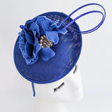 Royal cobalt blue flower disc saucer fascinator hat - House of Hats