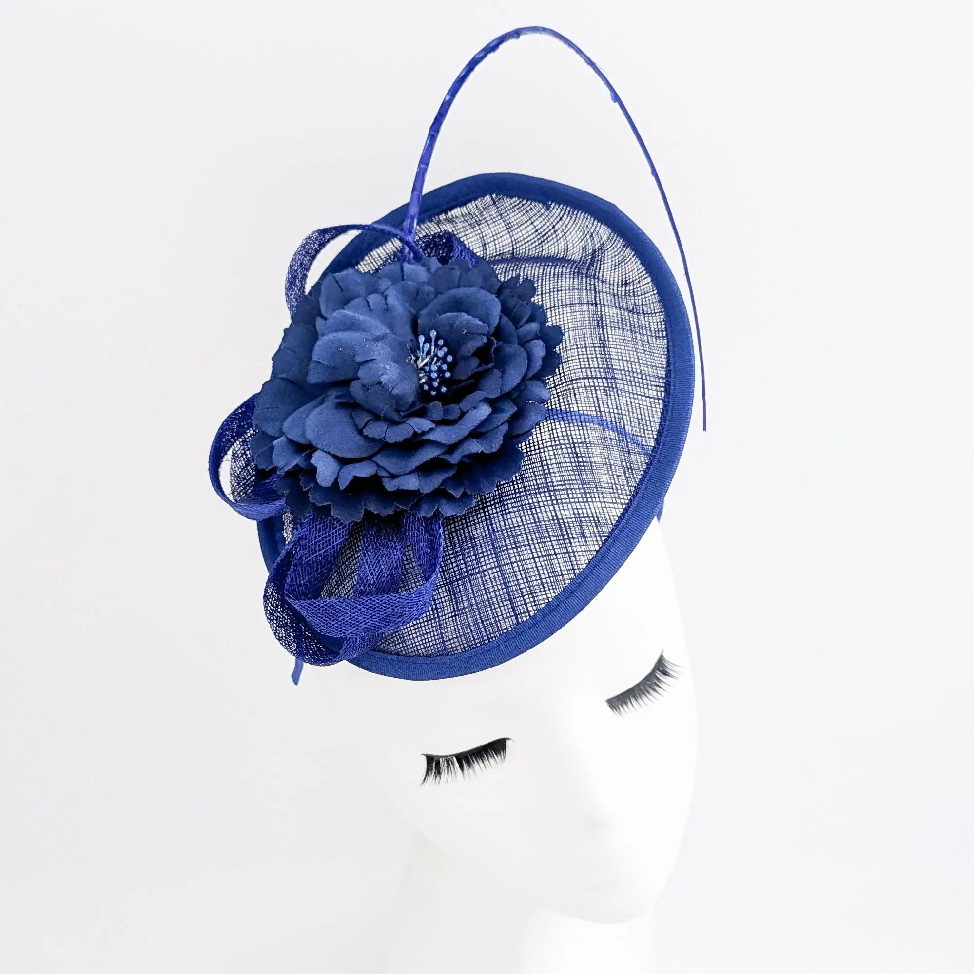 Royal cobalt blue flower disc saucer fascinator hat - House of Hats