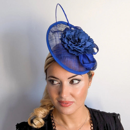 Royal cobalt blue flower disc saucer fascinator hat - House of Hats