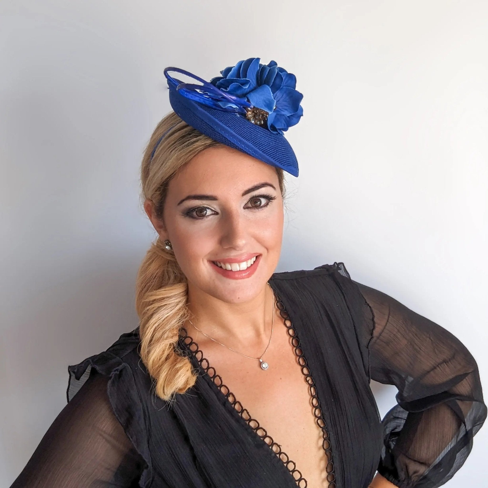 Royal cobalt blue flower disc saucer fascinator hat - House of Hats
