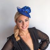 Royal cobalt blue flower disc saucer fascinator hat - House of Hats