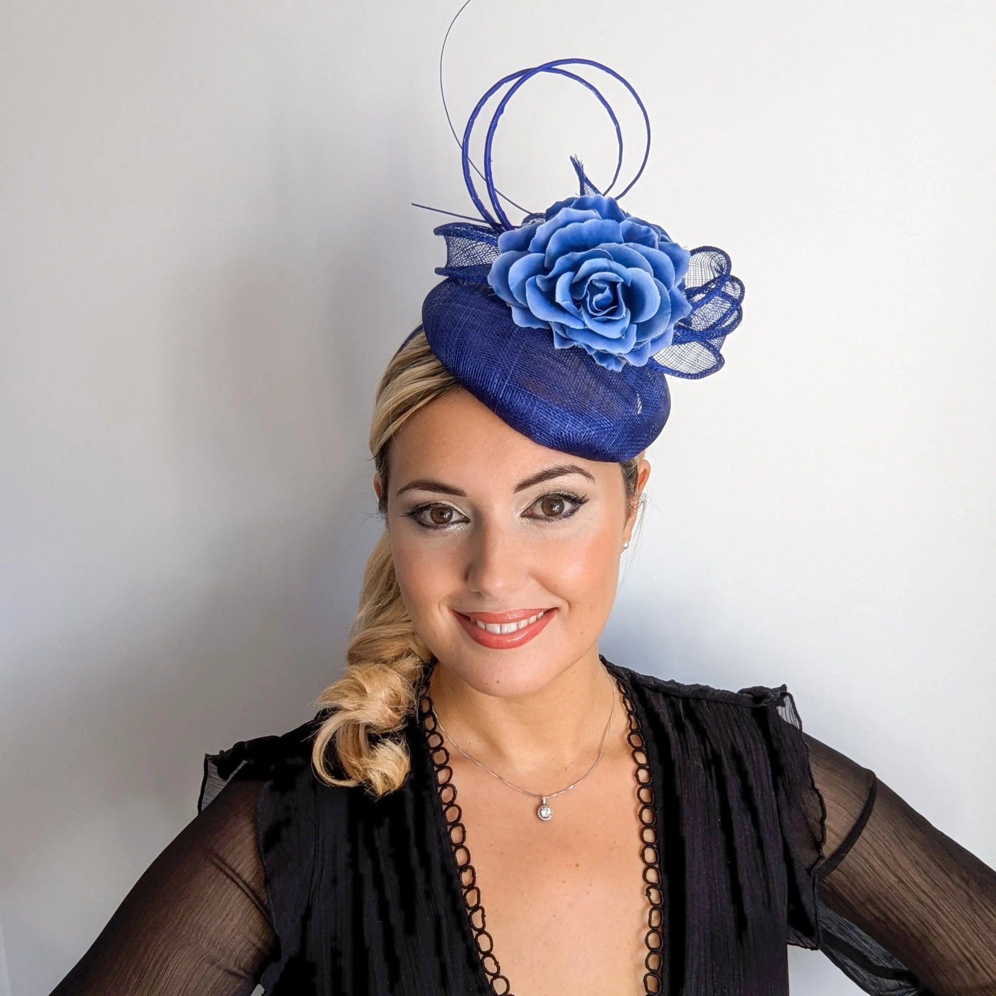 Royal cobalt blue flower fascinator hat - House of Hats