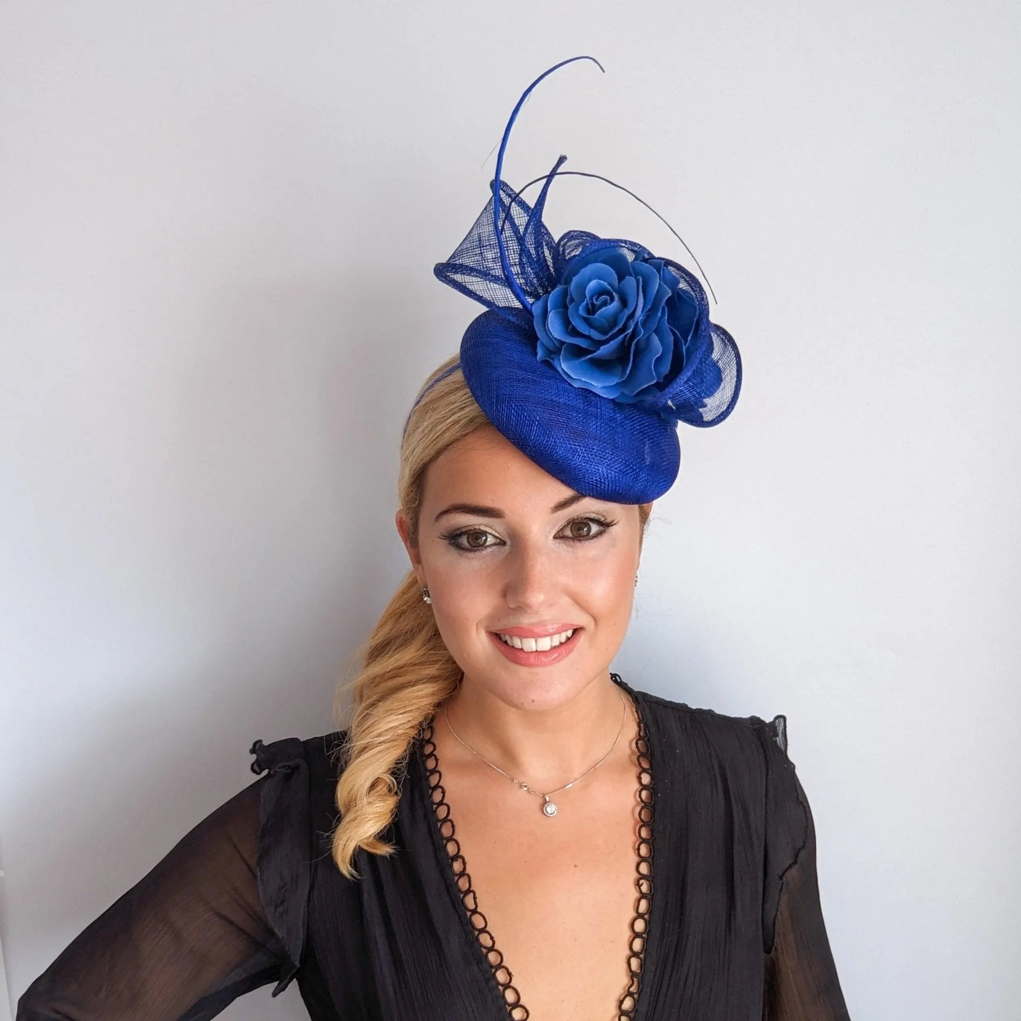 Royal cobalt blue flower fascinator hat - House of Hats
