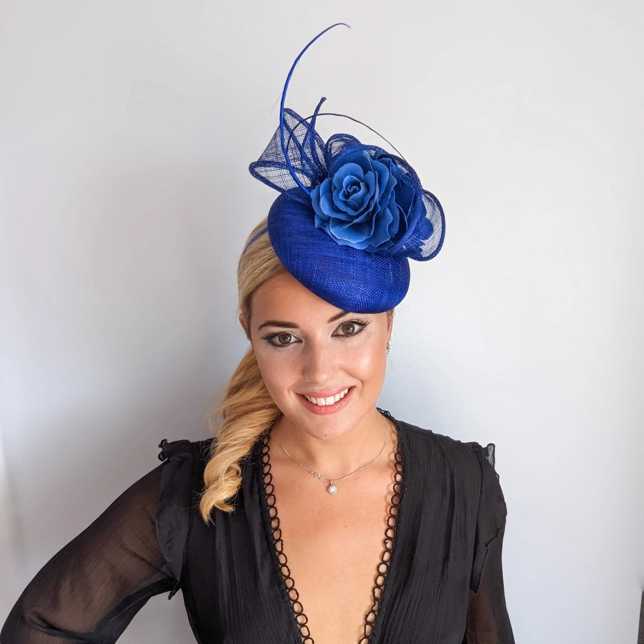 Royal cobalt blue flower fascinator hat - House of Hats