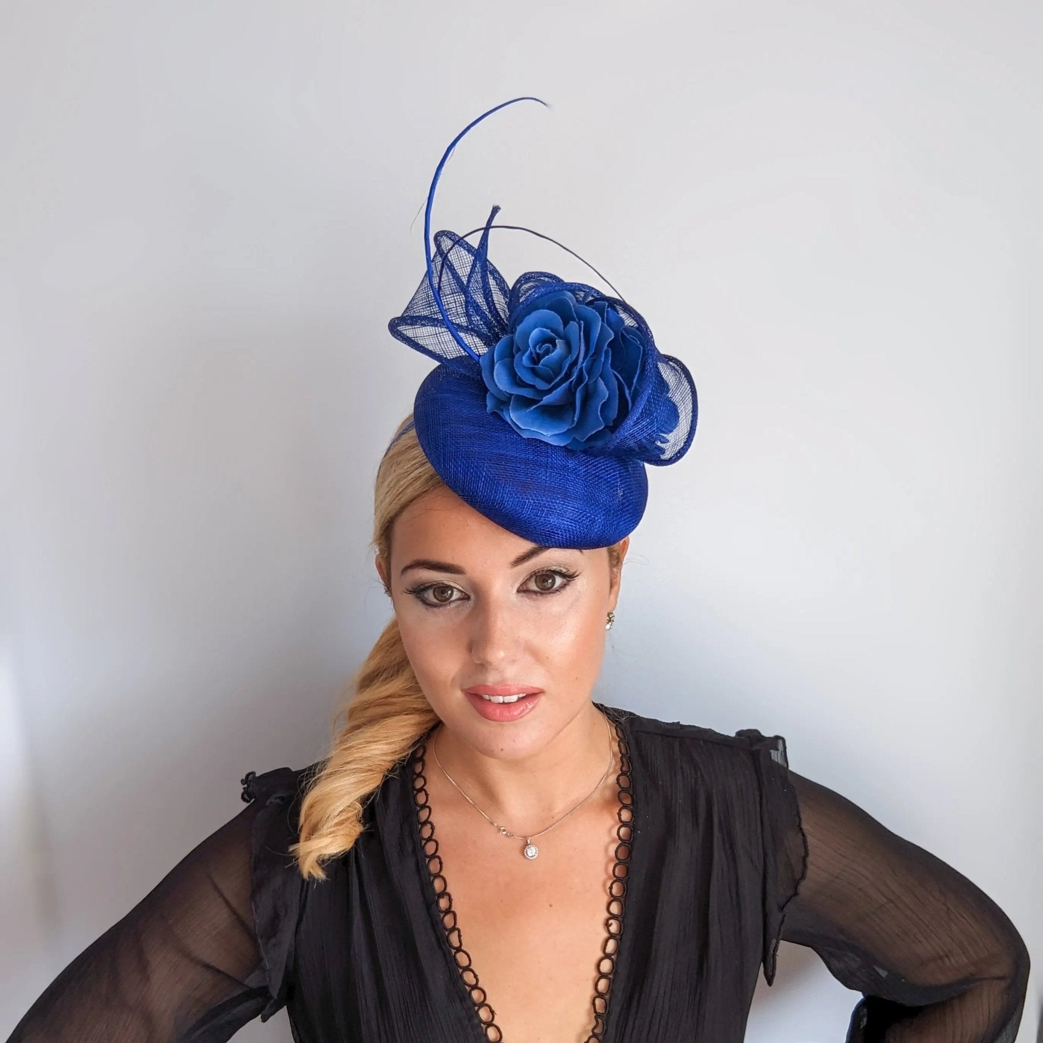 Royal cobalt blue flower fascinator hat - House of Hats