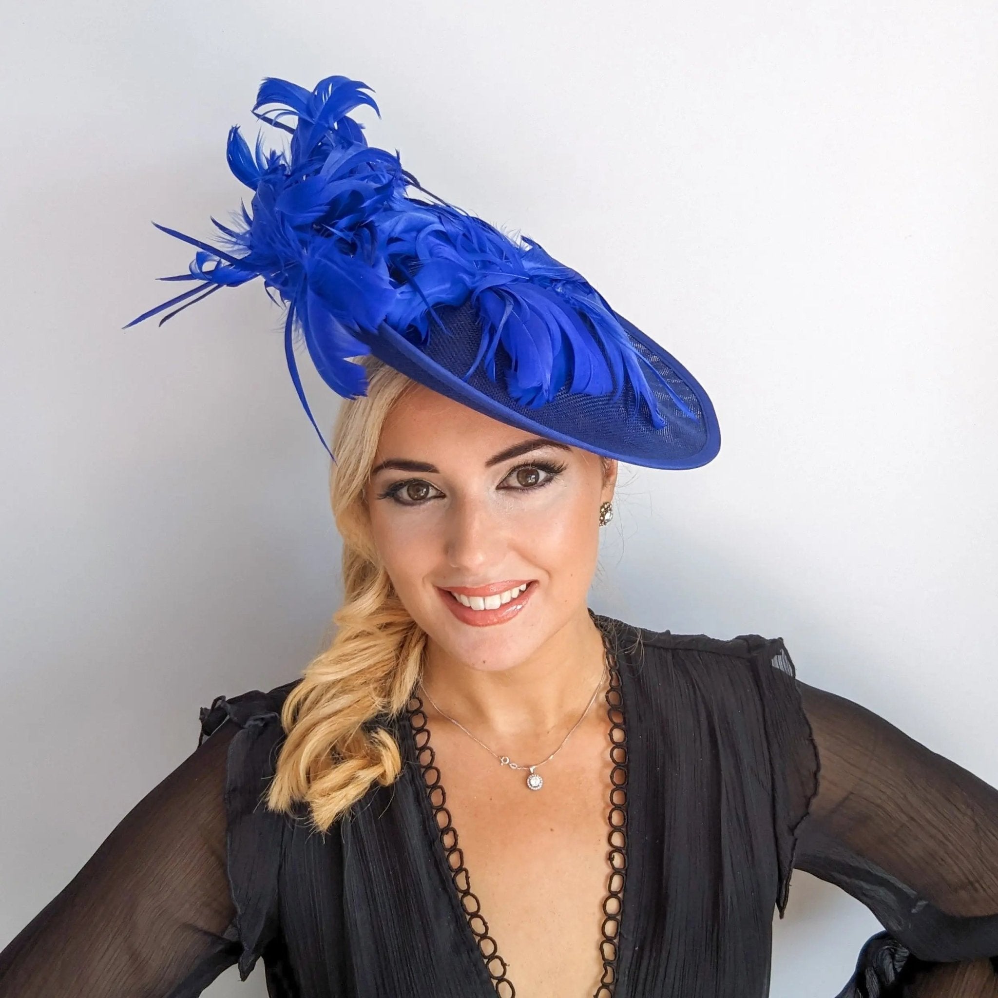 Royal cobalt blue large feather saucer disc fascinator hat - House of Hats