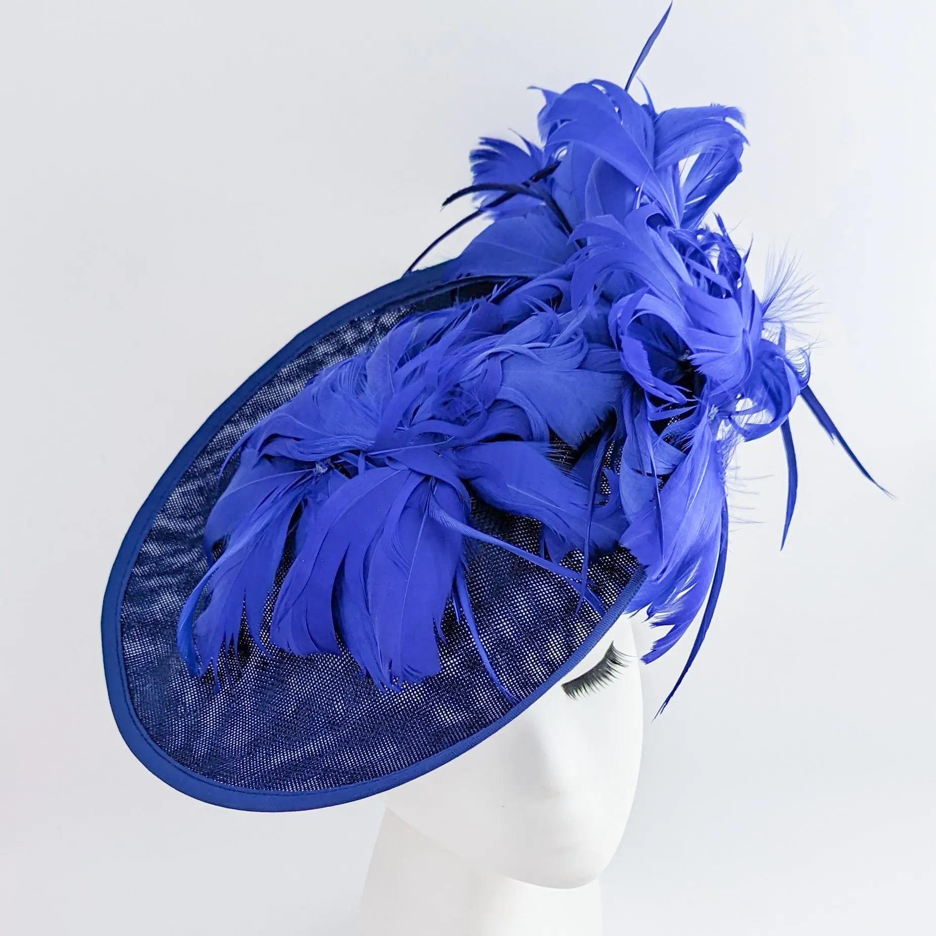 Royal cobalt blue large feather saucer disc fascinator hat - House of Hats