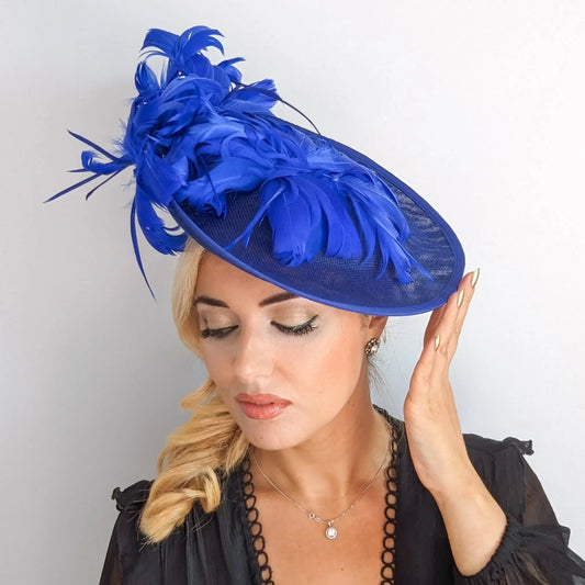 Royal cobalt blue large feather saucer disc fascinator hat - House of Hats