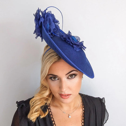 Royal cobalt blue large flower saucer disc fascinator hat - House of Hats