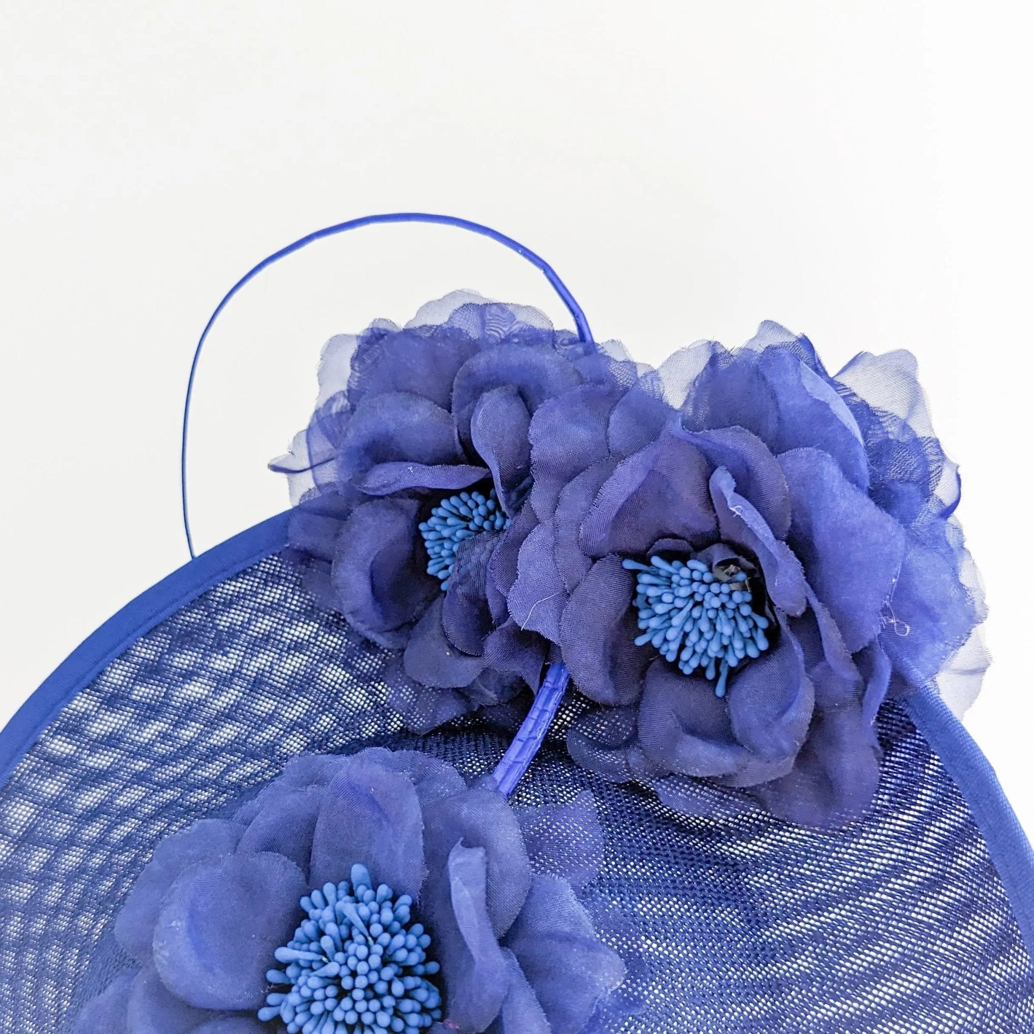 Royal cobalt blue large flower saucer disc fascinator hat - House of Hats