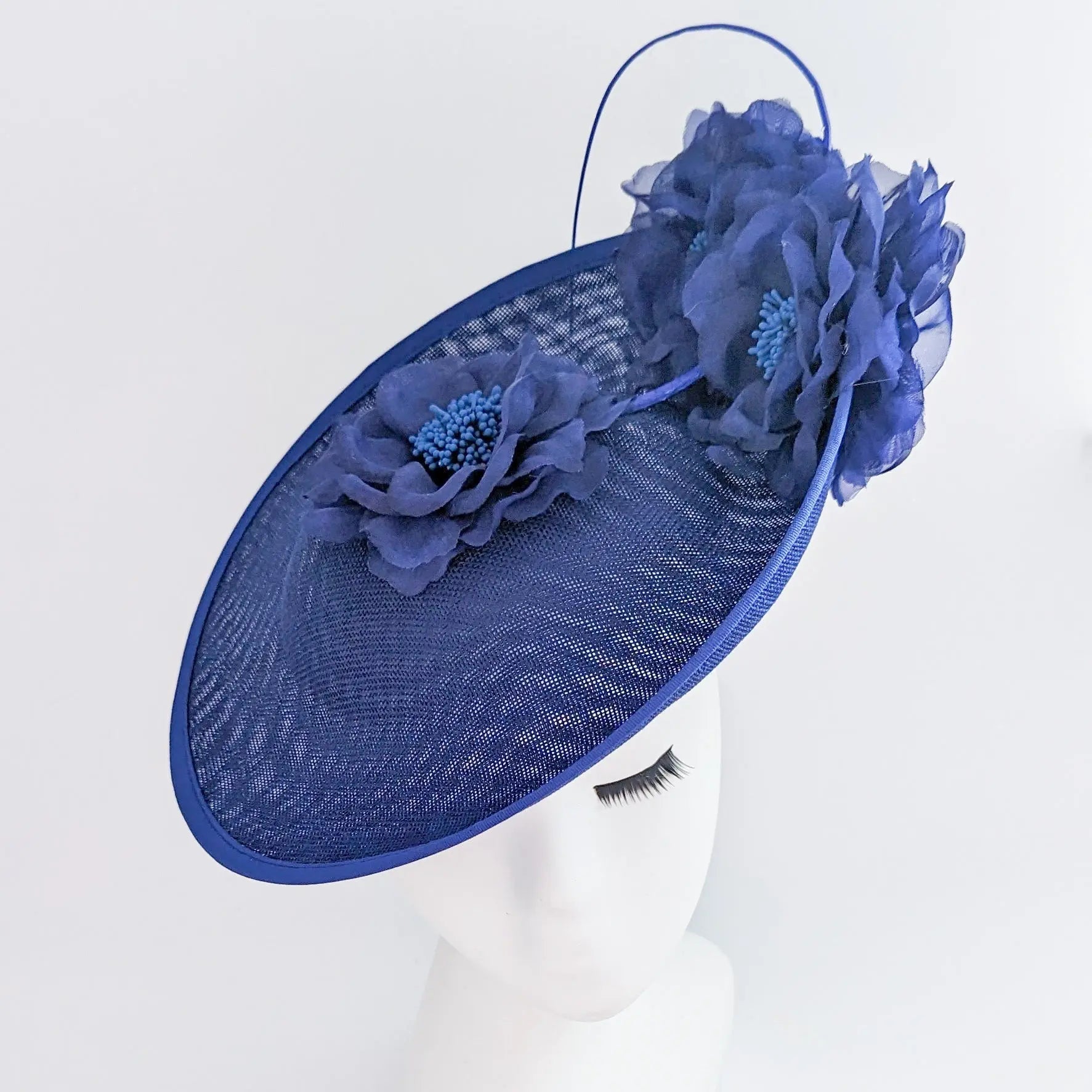 Royal cobalt blue large flower saucer disc fascinator hat - House of Hats