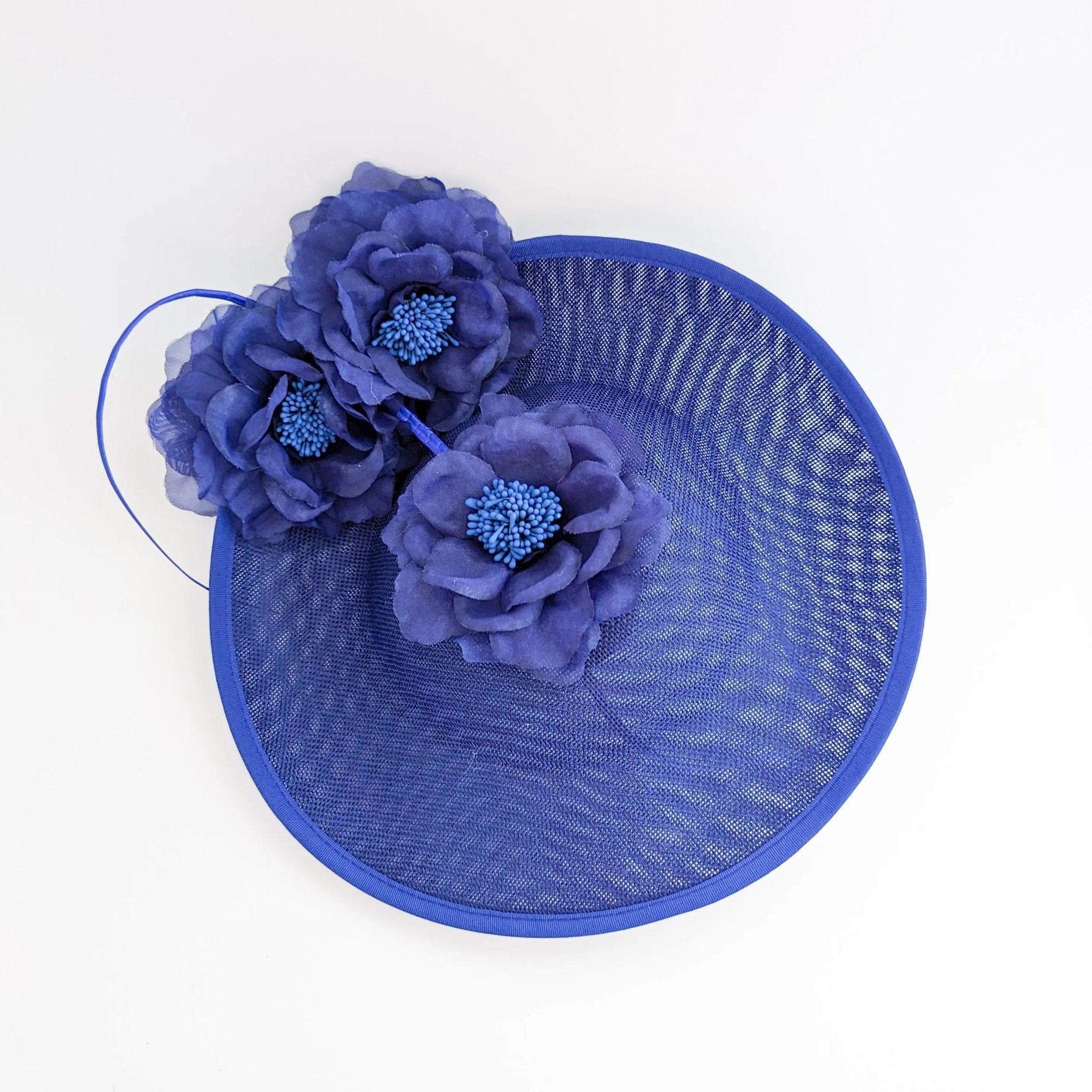 Royal cobalt blue large flower saucer disc fascinator hat - House of Hats