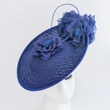 Royal cobalt blue large flower saucer disc fascinator hat - House of Hats