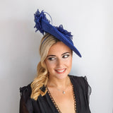 Royal cobalt blue large flower saucer disc fascinator hat - House of Hats