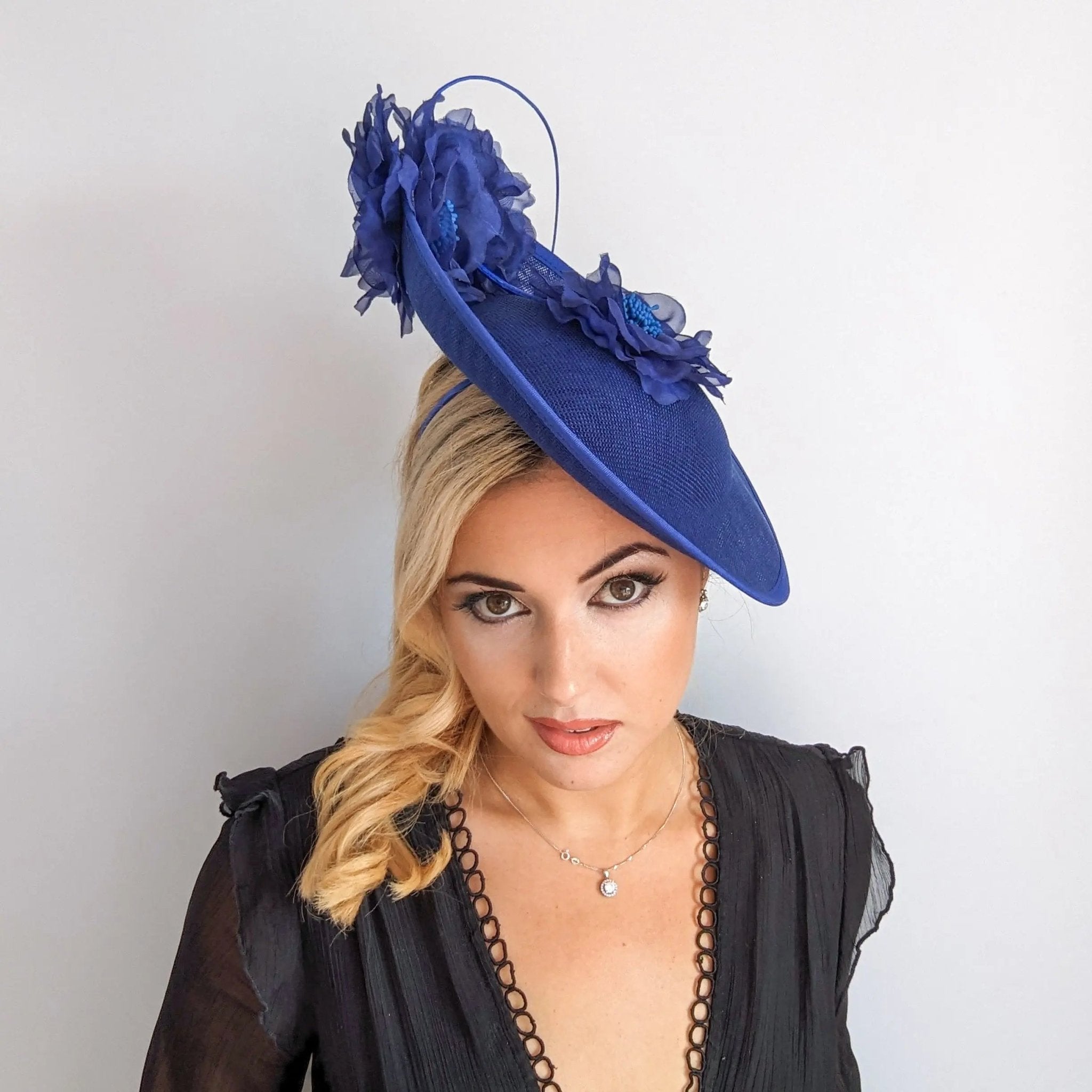 Royal cobalt blue large flower saucer disc fascinator hat - House of Hats
