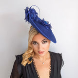 Royal cobalt blue large flower saucer disc fascinator hat - House of Hats