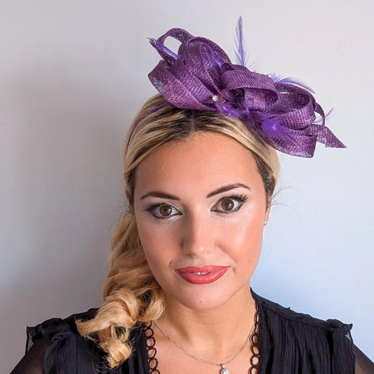 Royal purple crystal feather fascinator hat - House of Hats
