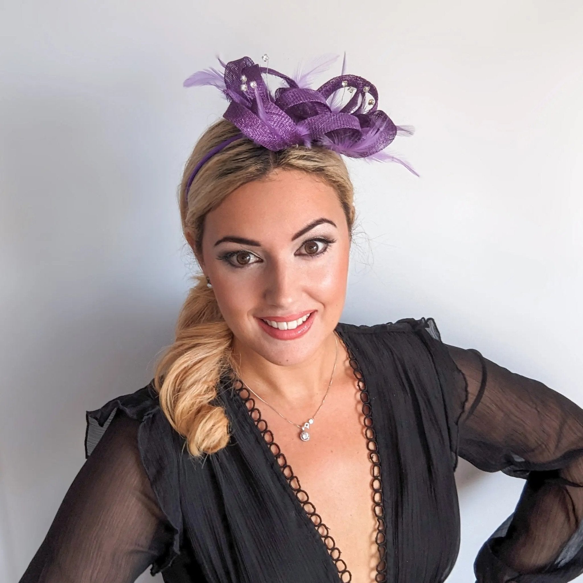 Royal purple crystal feather fascinator hat - House of Hats