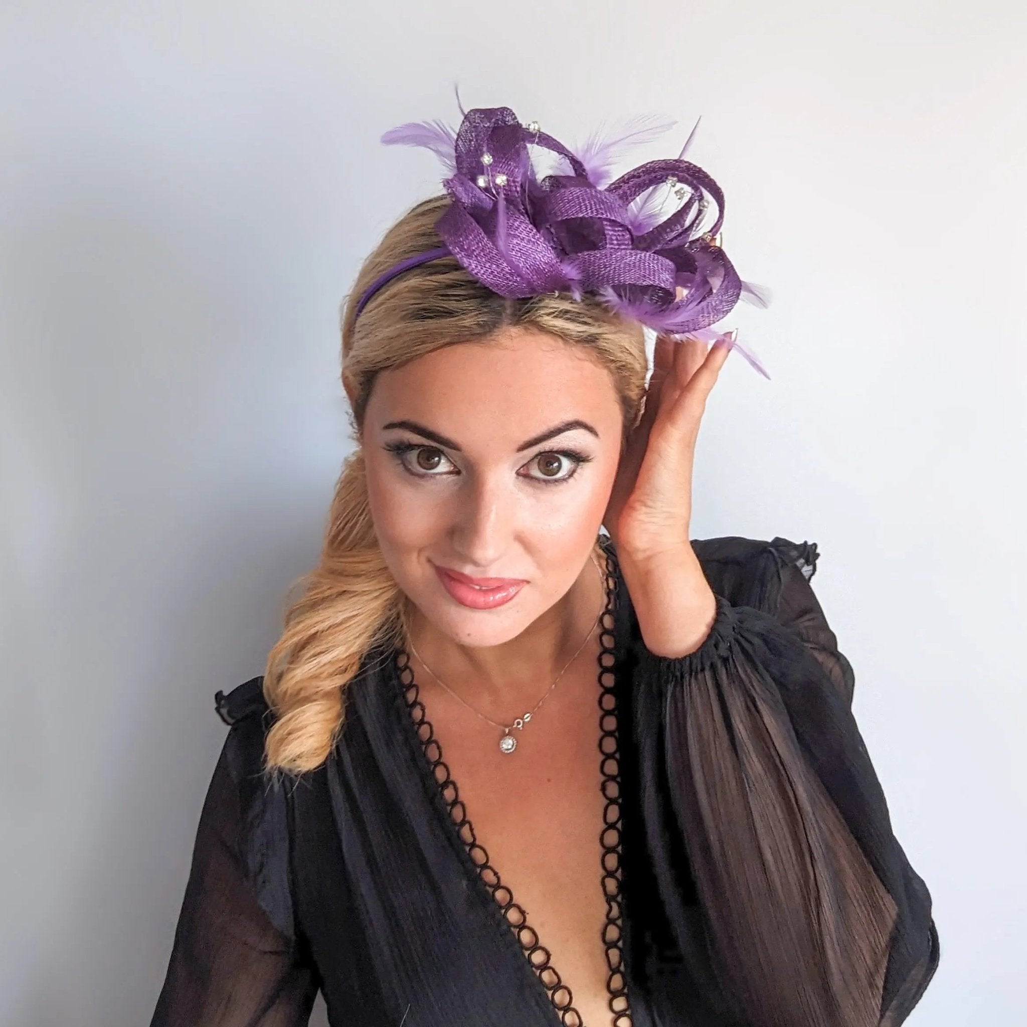 Royal purple crystal feather fascinator hat - House of Hats