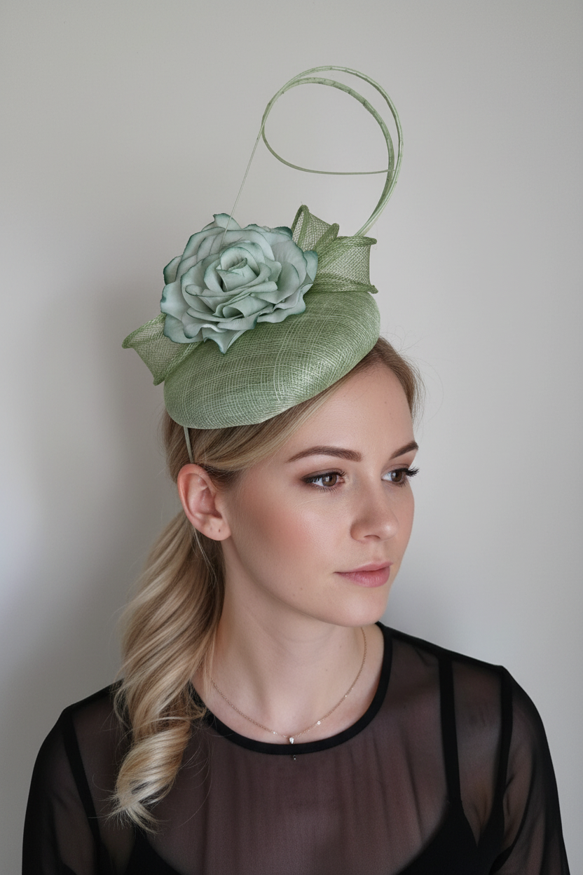 Sage Green fascinator positioned like the blue listing