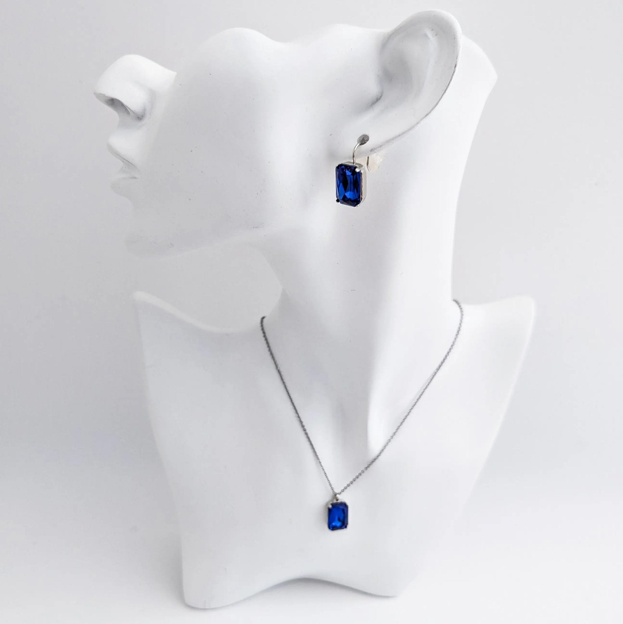 Sapphire blue crystal silver emerald cut drop earrings - House of Hats