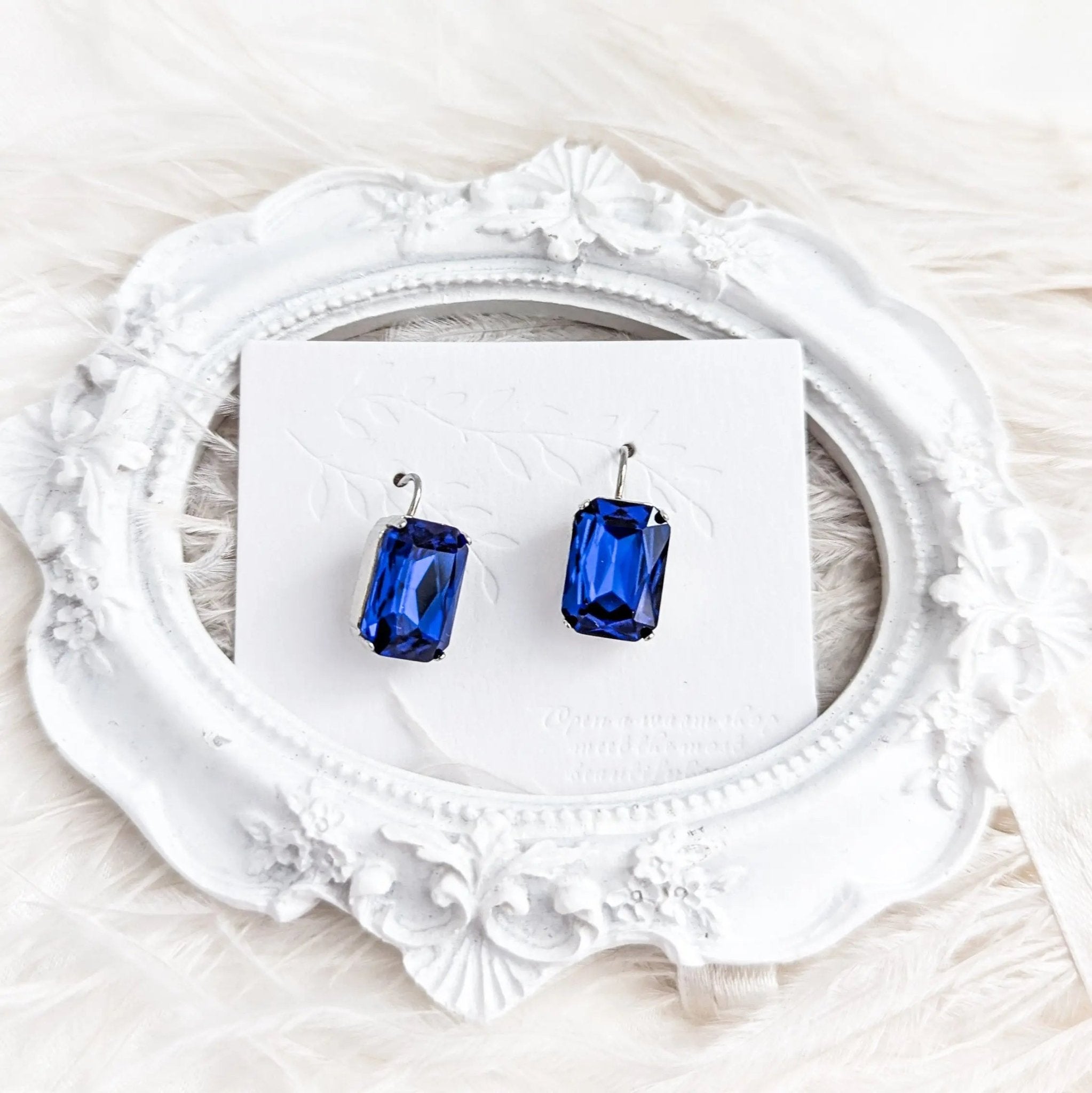 Sapphire blue crystal silver emerald cut drop earrings - House of Hats
