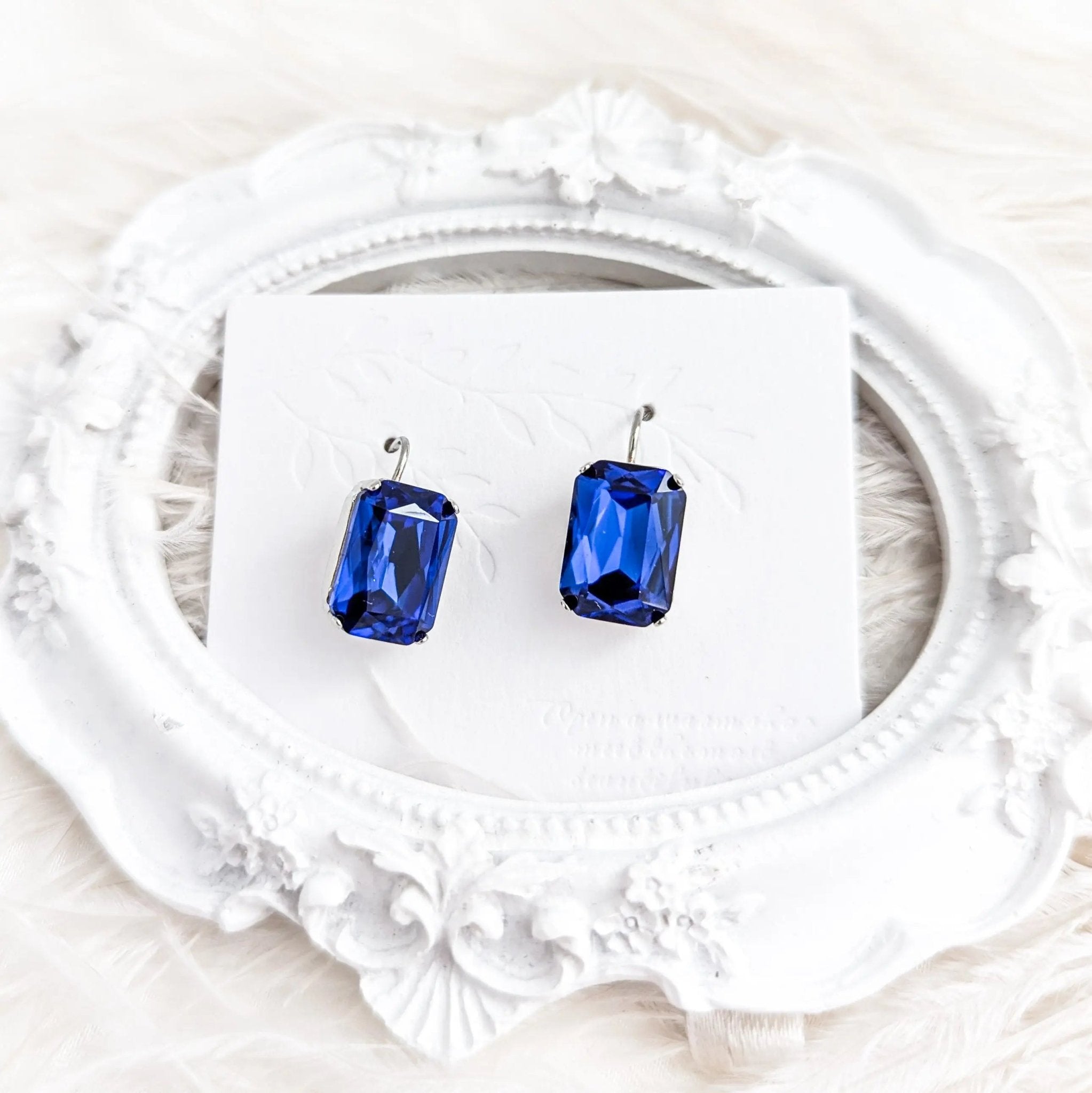 Sapphire blue crystal silver emerald cut drop earrings - House of Hats