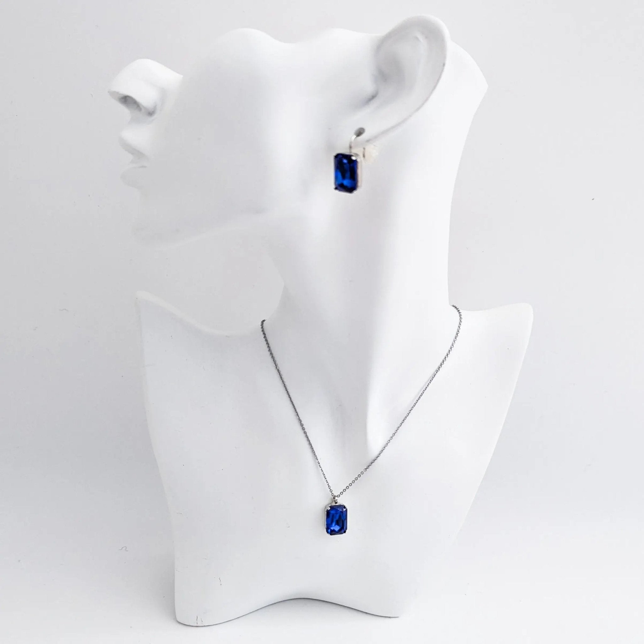 Sapphire blue crystal silver emerald cut drop earrings - House of Hats