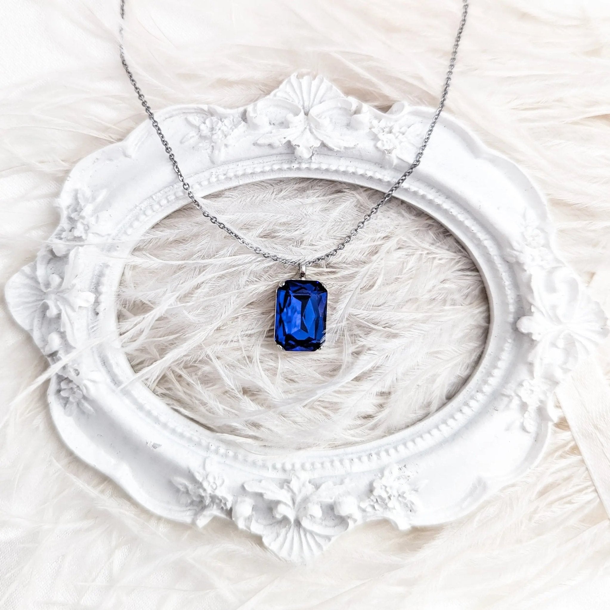 Sapphire blue crystal silver emerald cut necklace - House of Hats