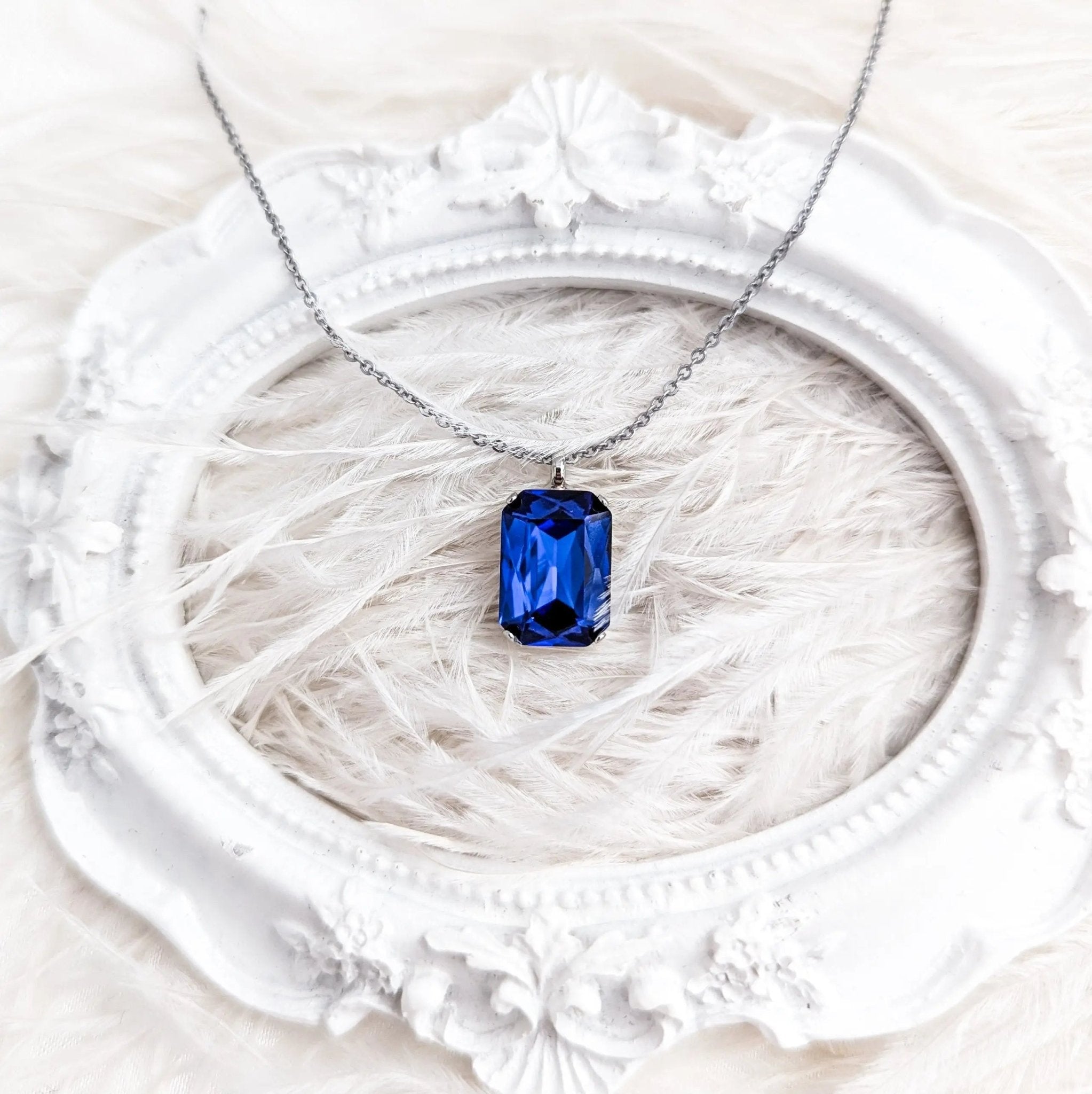 Sapphire blue crystal silver emerald cut necklace - House of Hats